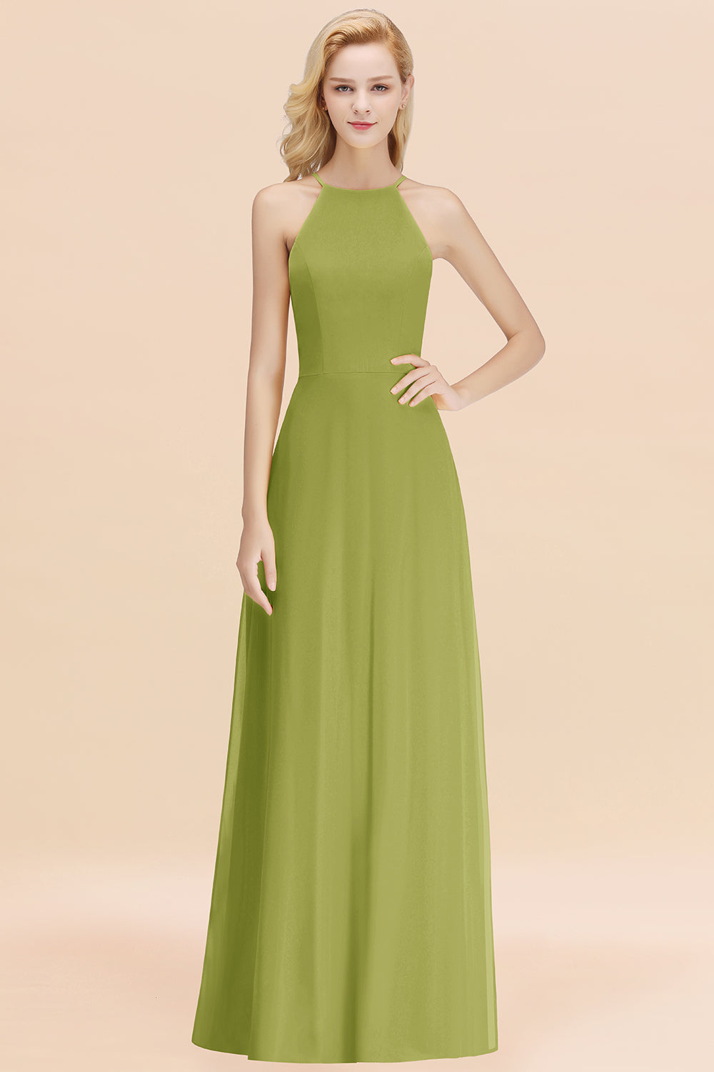 Modest High-Neck Yellow Chiffon Affordable Bridesmaid Dresses Online-Babyonlines