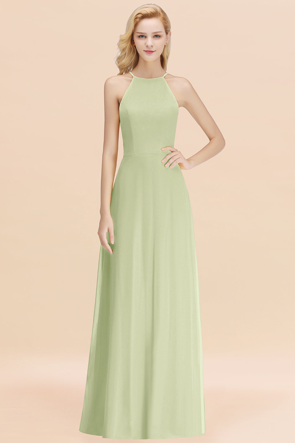 Modest High-Neck Yellow Chiffon Affordable Bridesmaid Dresses Online-Babyonlines