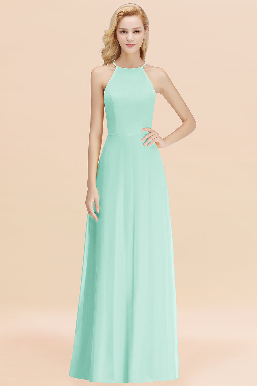 Modest High-Neck Yellow Chiffon Affordable Bridesmaid Dresses Online-Babyonlines