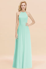 Modest High-Neck Yellow Chiffon Affordable Bridesmaid Dresses Online-Babyonlines