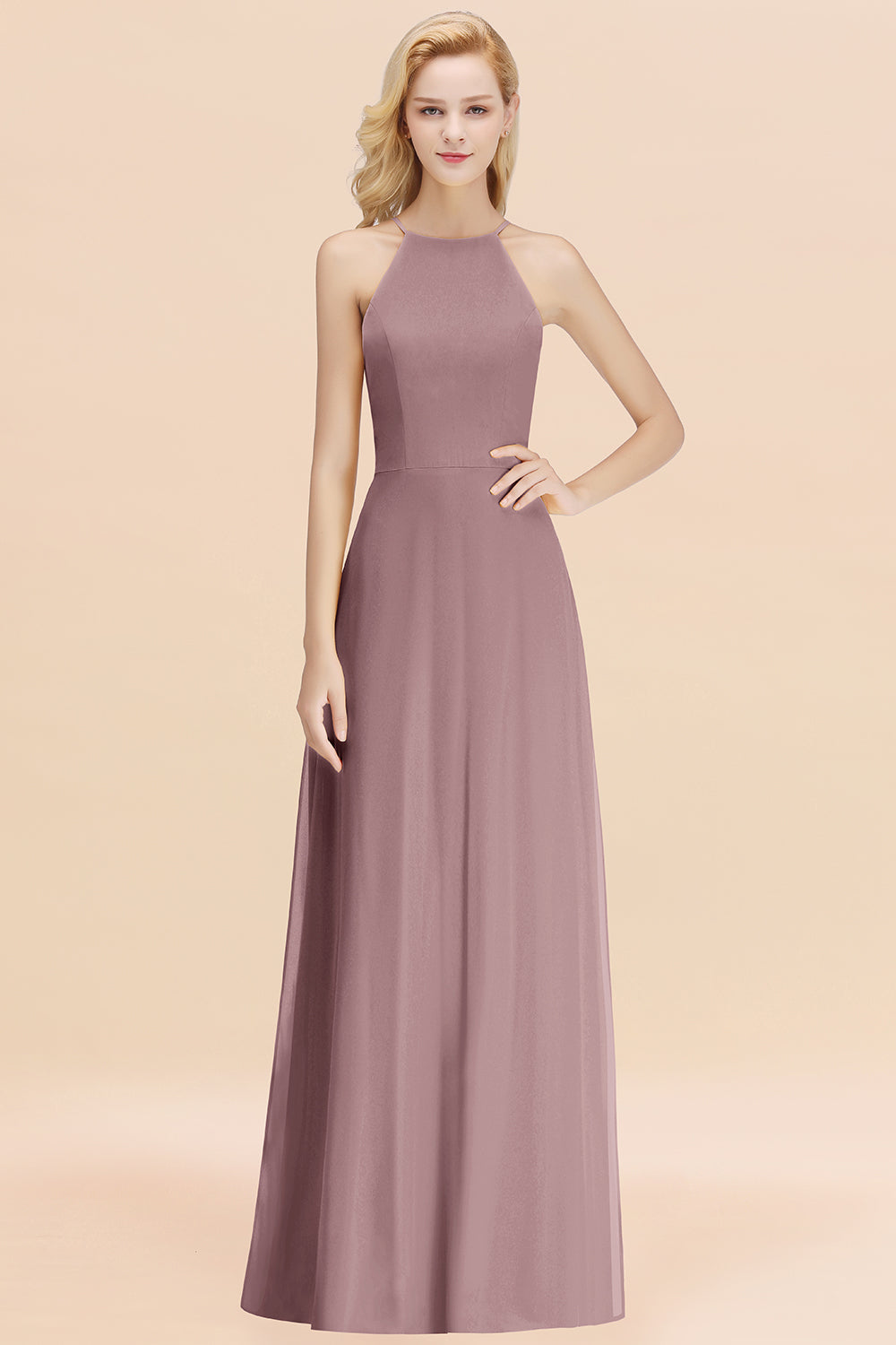 Modest High-Neck Yellow Chiffon Affordable Bridesmaid Dresses Online-Babyonlines