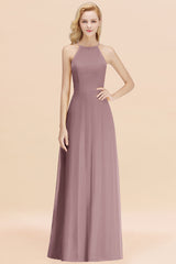 Modest High-Neck Yellow Chiffon Affordable Bridesmaid Dresses Online-Babyonlines