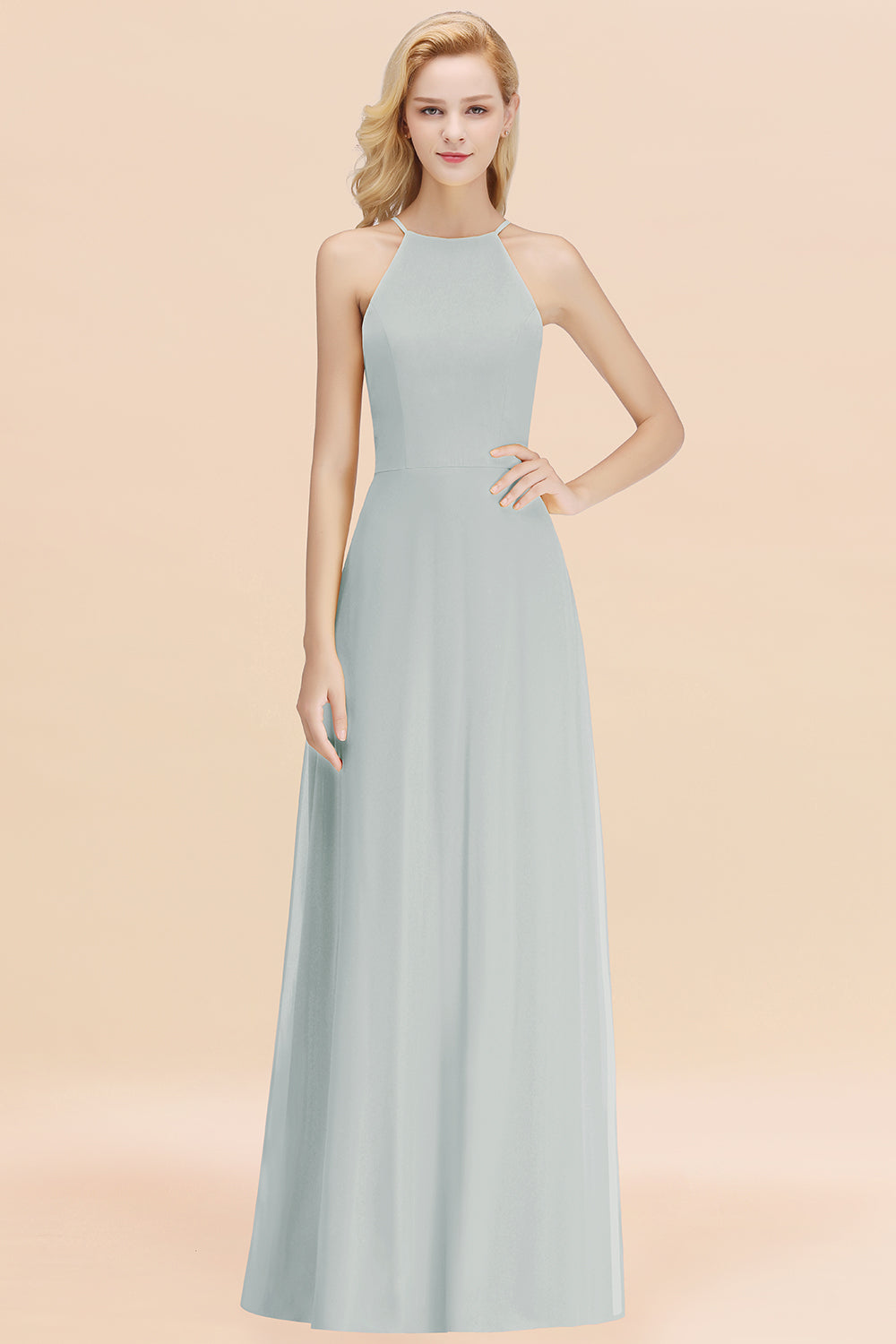 Modest High-Neck Yellow Chiffon Affordable Bridesmaid Dresses Online-Babyonlines