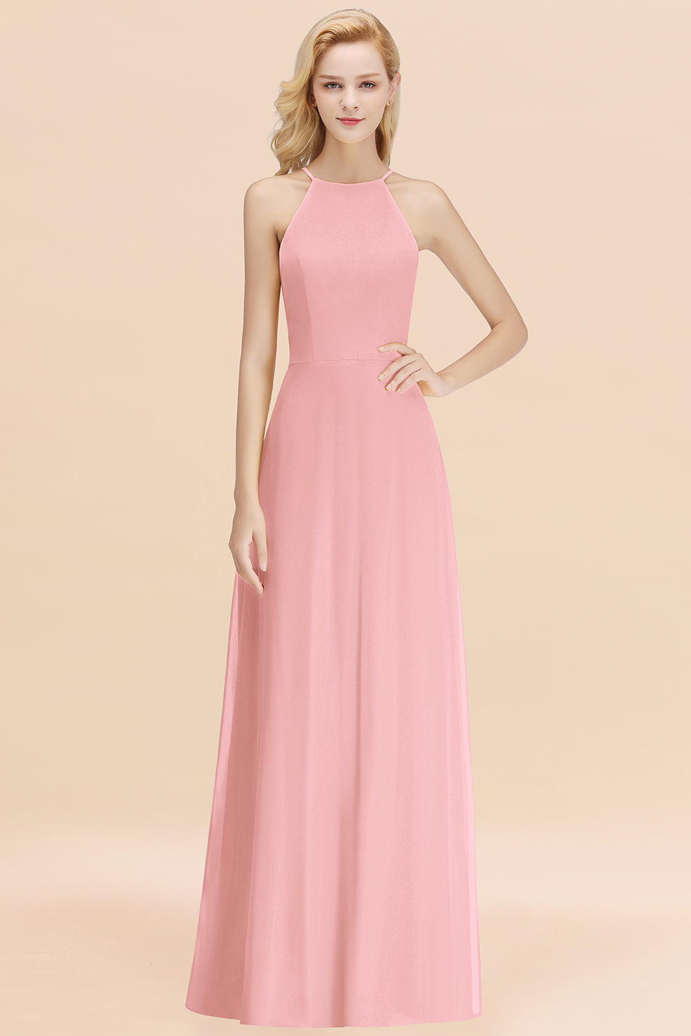 Modest High-Neck Yellow Chiffon Affordable Bridesmaid Dresses Online-Babyonlines