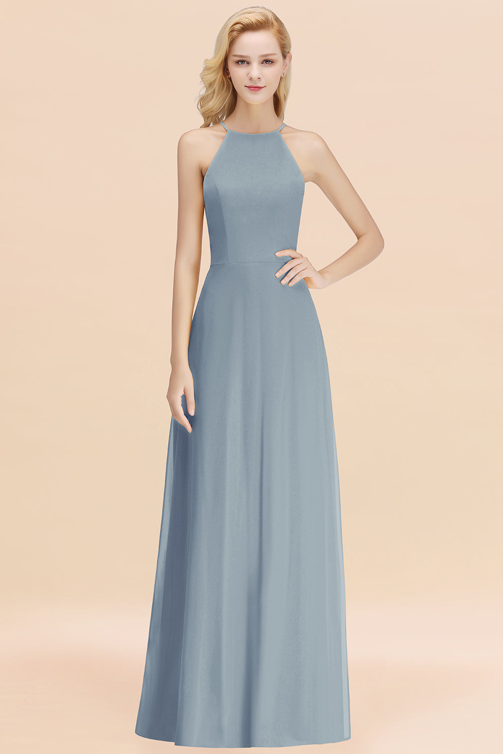 Modest High-Neck Yellow Chiffon Affordable Bridesmaid Dresses Online-Babyonlines