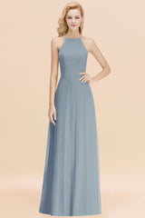 Modest High-Neck Yellow Chiffon Affordable Bridesmaid Dresses Online-Babyonlines
