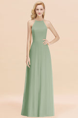 Modest High-Neck Yellow Chiffon Affordable Bridesmaid Dresses Online-Babyonlines