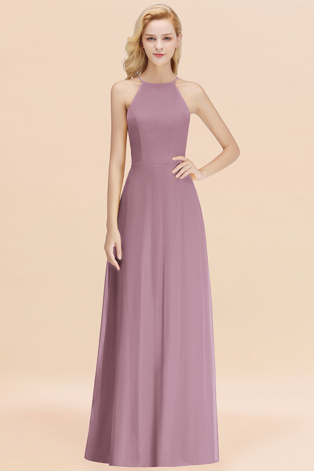 Modest High-Neck Yellow Chiffon Affordable Bridesmaid Dresses Online-Babyonlines