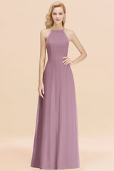 Modest High-Neck Yellow Chiffon Affordable Bridesmaid Dresses Online-Babyonlines
