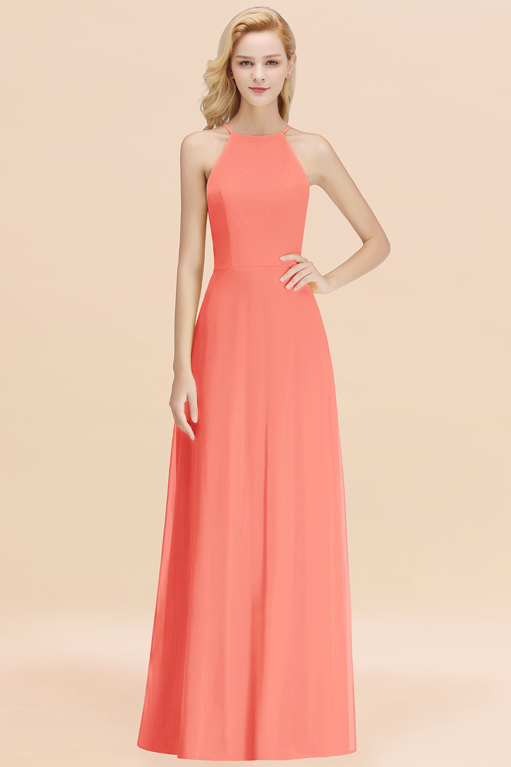 Modest High-Neck Yellow Chiffon Affordable Bridesmaid Dresses Online-Babyonlines