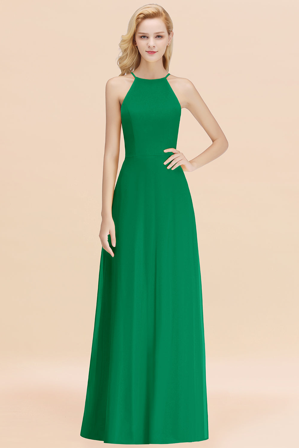 Modest High-Neck Yellow Chiffon Affordable Bridesmaid Dresses Online-Babyonlines