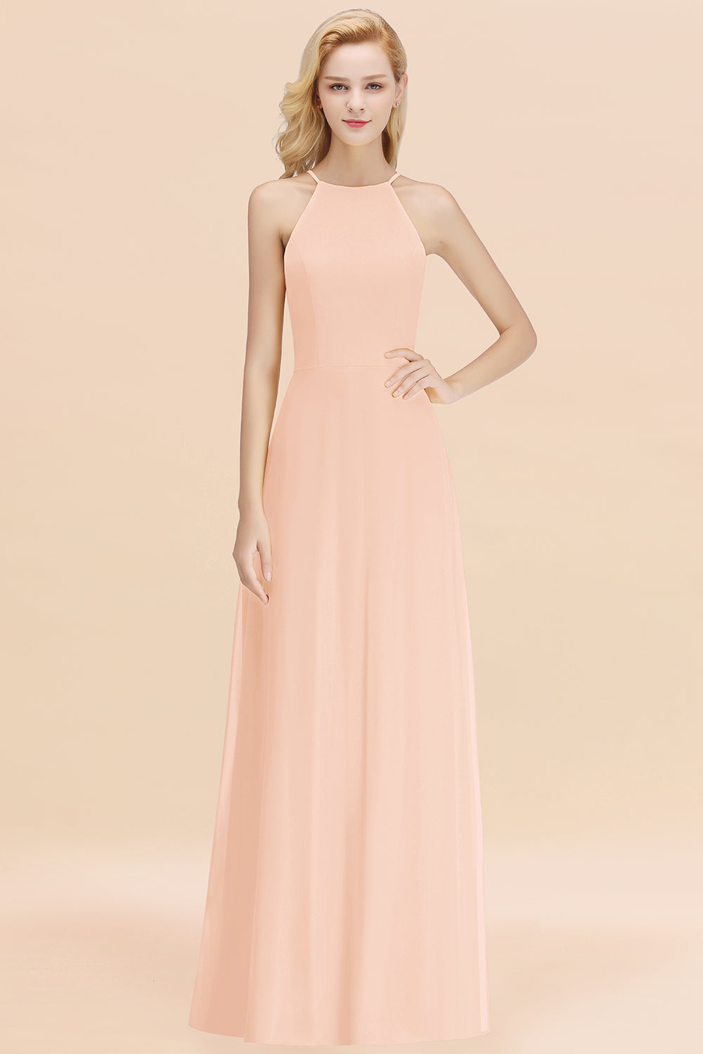 Modest High-Neck Yellow Chiffon Affordable Bridesmaid Dresses Online-Babyonlines