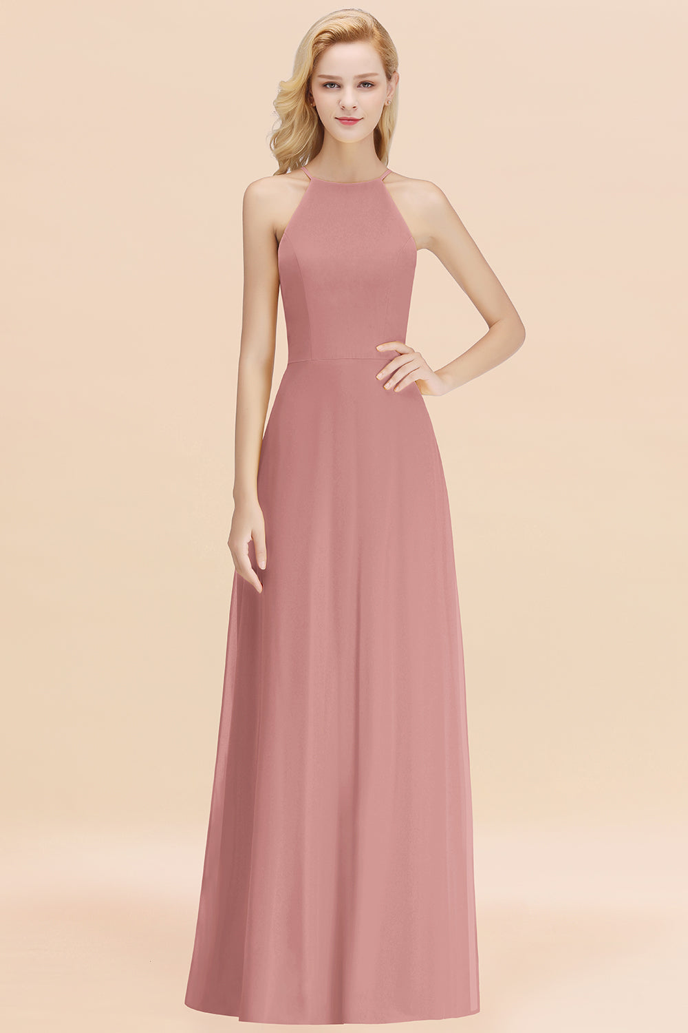 Modest High-Neck Yellow Chiffon Affordable Bridesmaid Dresses Online-Babyonlines