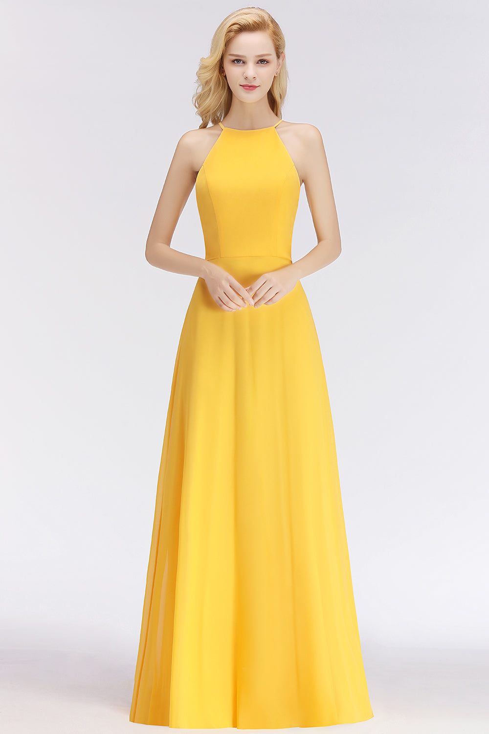 Modest High-Neck Yellow Chiffon Affordable Bridesmaid Dresses Online-Babyonlines
