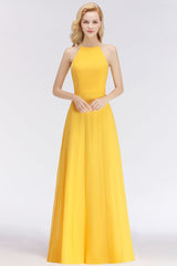 Modest High-Neck Yellow Chiffon Affordable Bridesmaid Dresses Online-Babyonlines