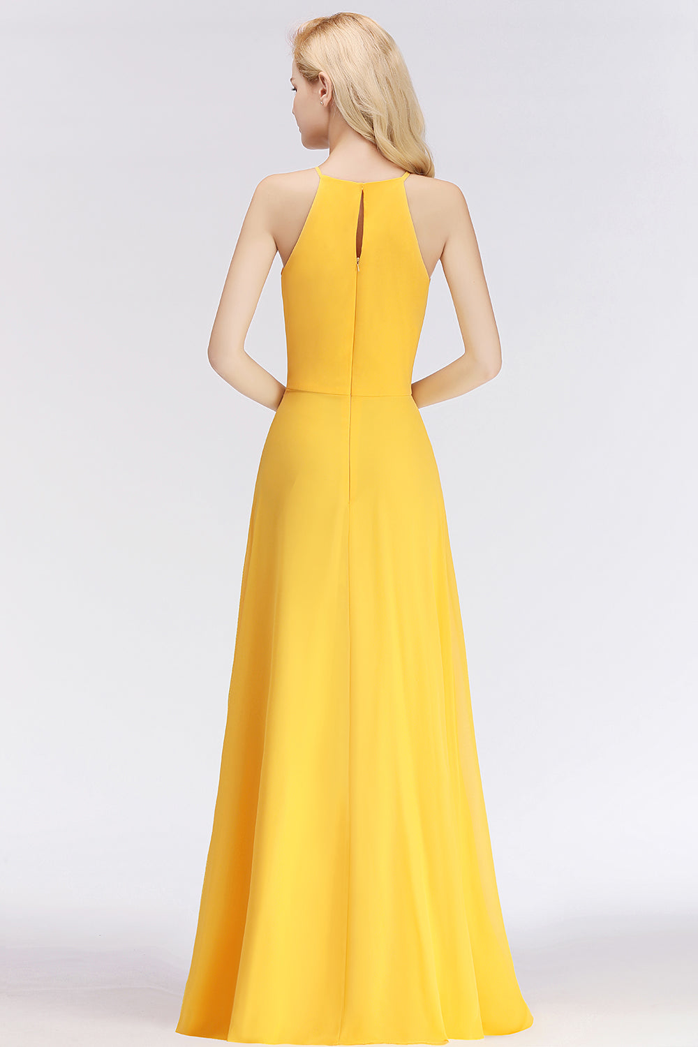 Modest High-Neck Yellow Chiffon Affordable Bridesmaid Dresses Online-Babyonlines