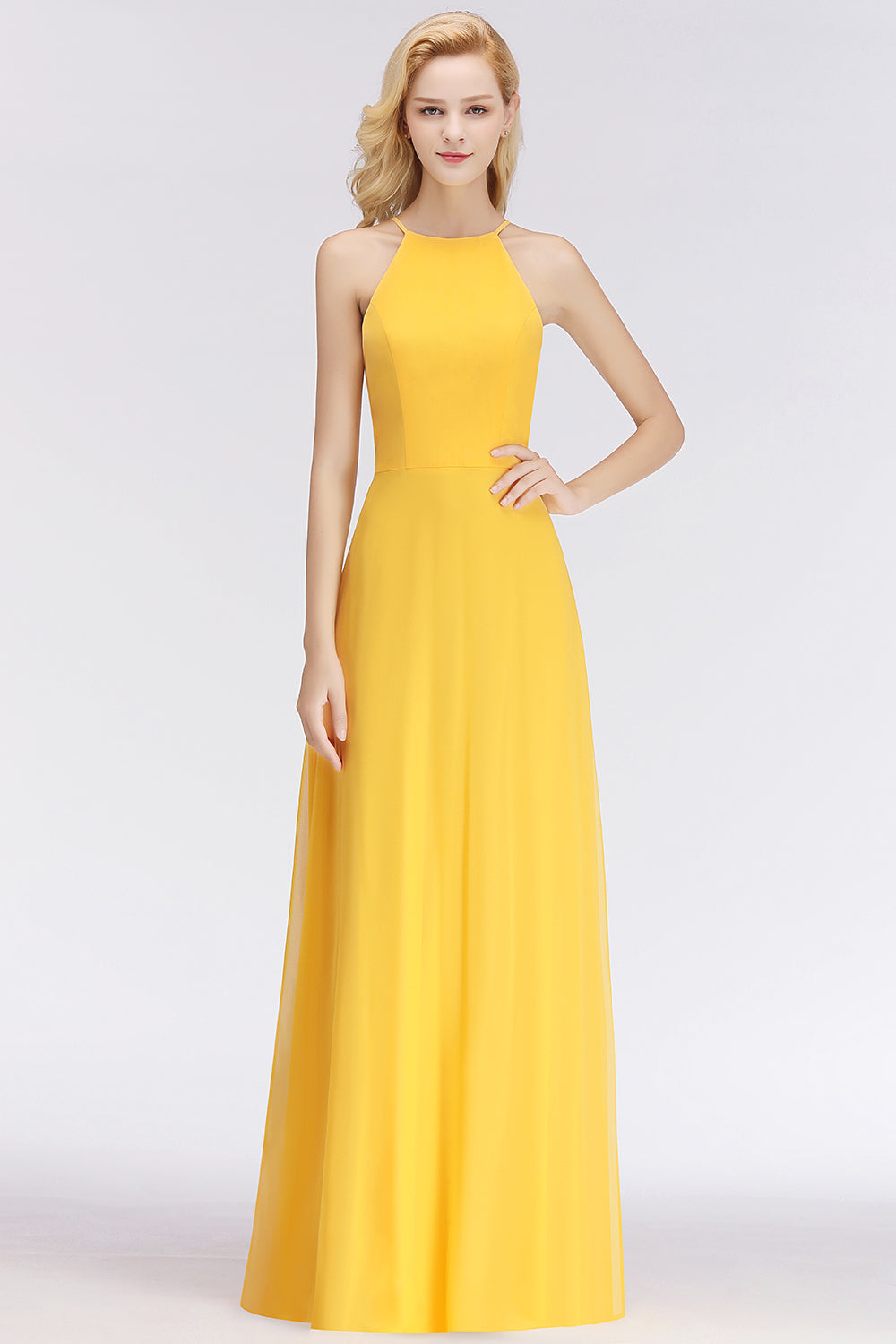 Modest High-Neck Yellow Chiffon Affordable Bridesmaid Dresses Online-Babyonlines