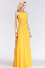 Modest High-Neck Yellow Chiffon Affordable Bridesmaid Dresses Online-Babyonlines