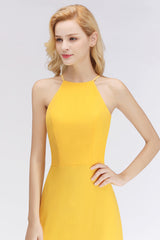 Modest High-Neck Yellow Chiffon Affordable Bridesmaid Dresses Online-Babyonlines