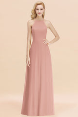 Modest High-Neck Yellow Chiffon Affordable Bridesmaid Dresses Online-Babyonlines