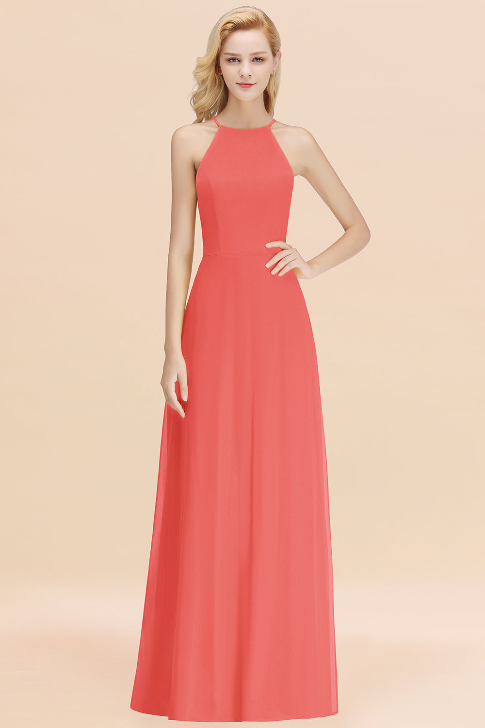 Modest High-Neck Yellow Chiffon Affordable Bridesmaid Dresses Online-Babyonlines