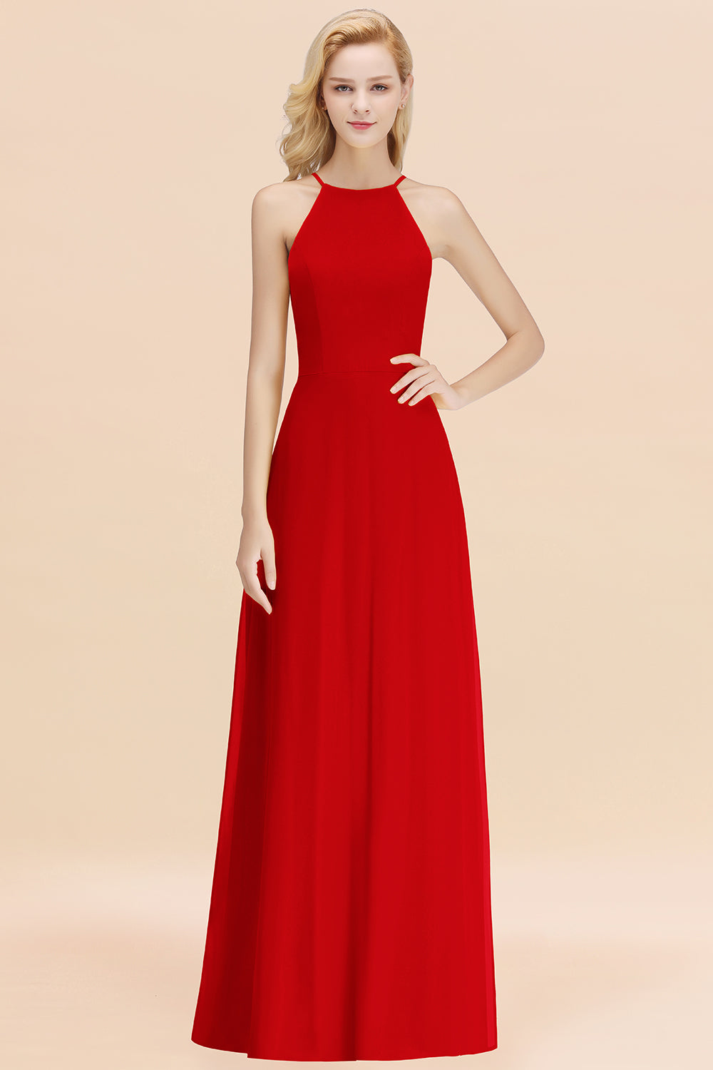 Modest High-Neck Yellow Chiffon Affordable Bridesmaid Dresses Online-Babyonlines