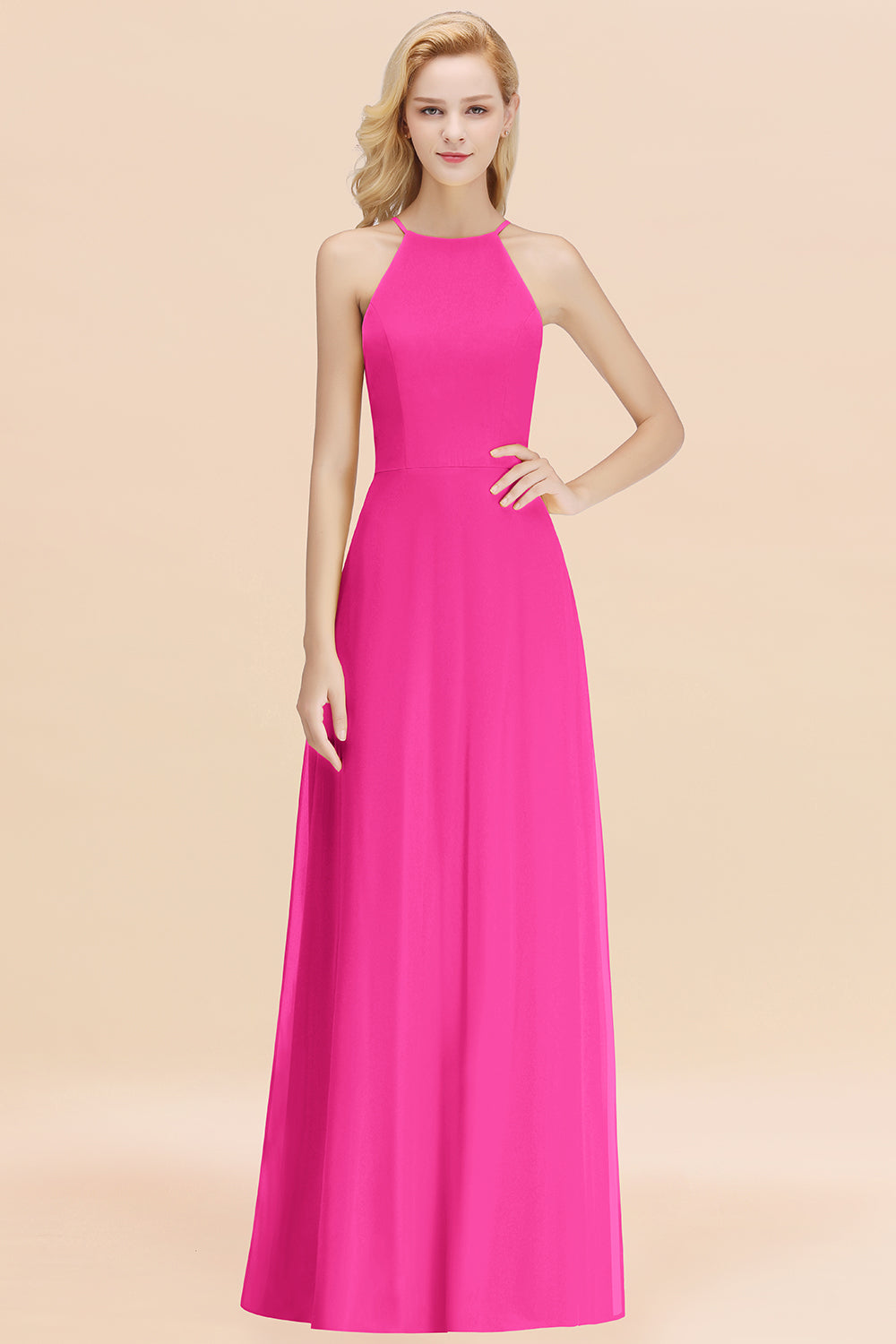 Modest High-Neck Yellow Chiffon Affordable Bridesmaid Dresses Online-Babyonlines