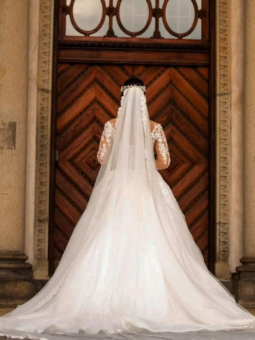 Modest Mermaid Off-the-Shoulder Lace Wedding Dress with Long Sleeves