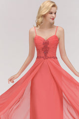Modest Spaghetti-Straps Ruffle Affordable Bridesmaid Dress with Appliques-Babyonlines