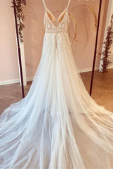 Modest V-Neck Long A-Line Tulle Wedding Dress with Spaghetti Straps and Lace Appliques