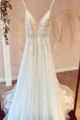 Modest V-Neck Long A-Line Tulle Wedding Dress with Spaghetti Straps and Lace Appliques