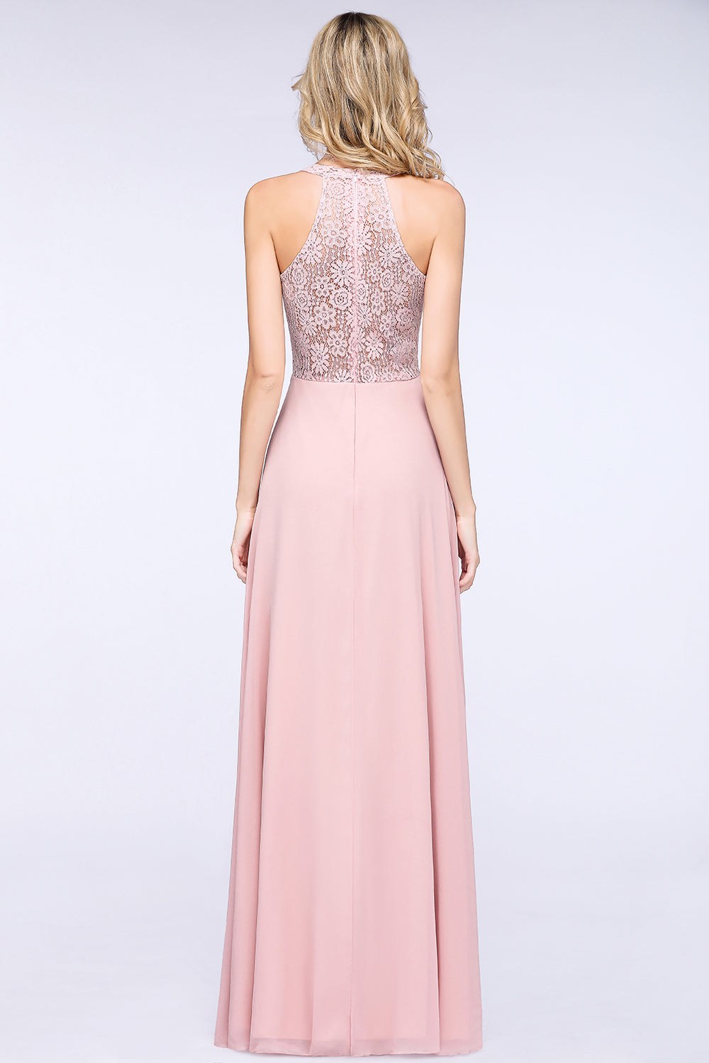 Modest V-Neck Sleeveless Pink Affordable Bridesmaid Dresses Lace-Babyonlines