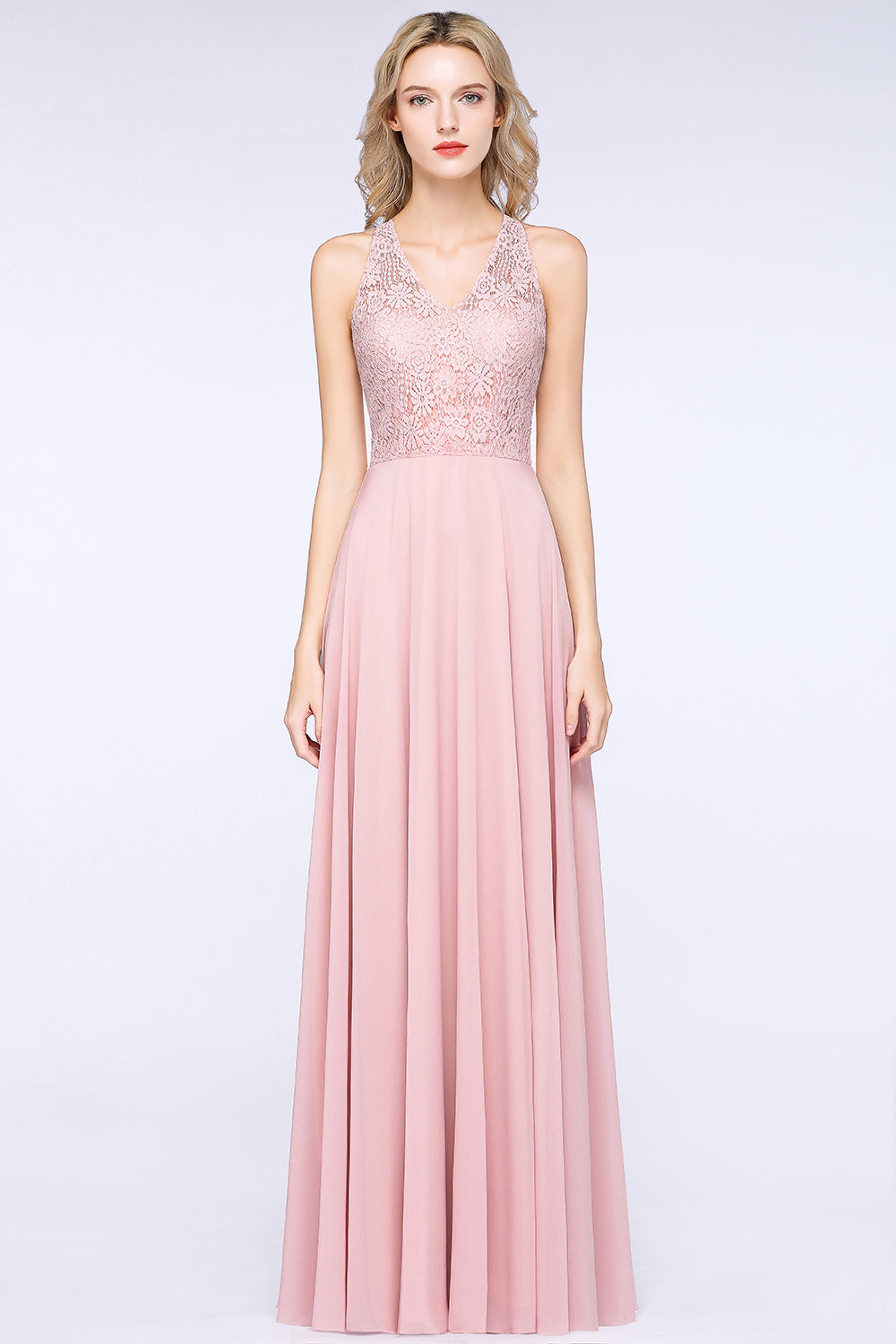 Modest V-Neck Sleeveless Pink Affordable Bridesmaid Dresses Lace-Babyonlines