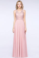 Modest V-Neck Sleeveless Pink Affordable Bridesmaid Dresses Lace-Babyonlines