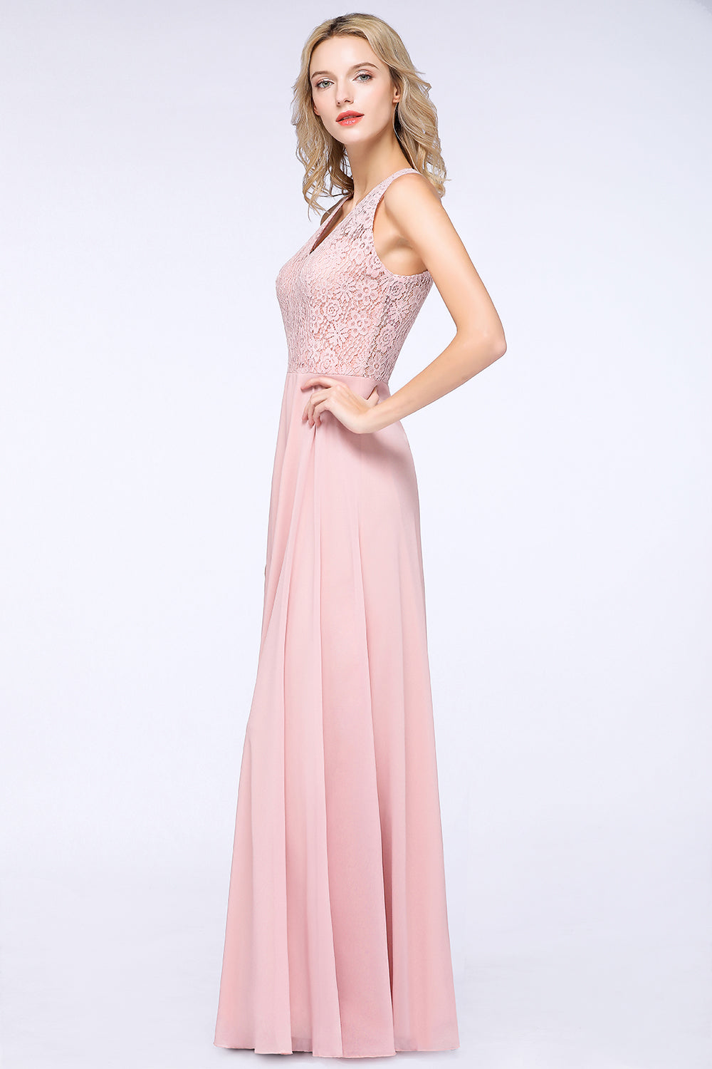 Modest V-Neck Sleeveless Pink Affordable Bridesmaid Dresses Lace-Babyonlines
