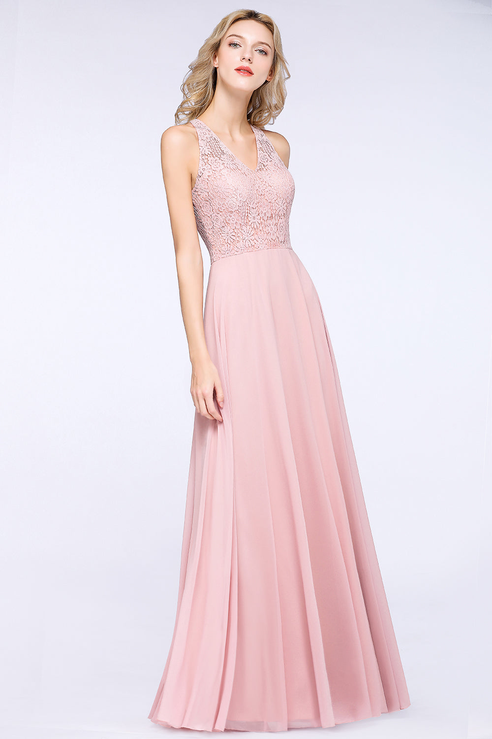 Modest V-Neck Sleeveless Pink Affordable Bridesmaid Dresses Lace-Babyonlines