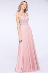 Modest V-Neck Sleeveless Pink Affordable Bridesmaid Dresses Lace-Babyonlines