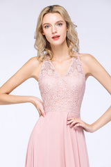 Modest V-Neck Sleeveless Pink Affordable Bridesmaid Dresses Lace-Babyonlines
