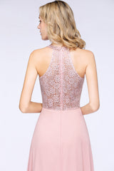 Modest V-Neck Sleeveless Pink Affordable Bridesmaid Dresses Lace-Babyonlines