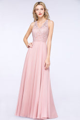 Modest V-Neck Sleeveless Pink Affordable Bridesmaid Dresses Lace-Babyonlines