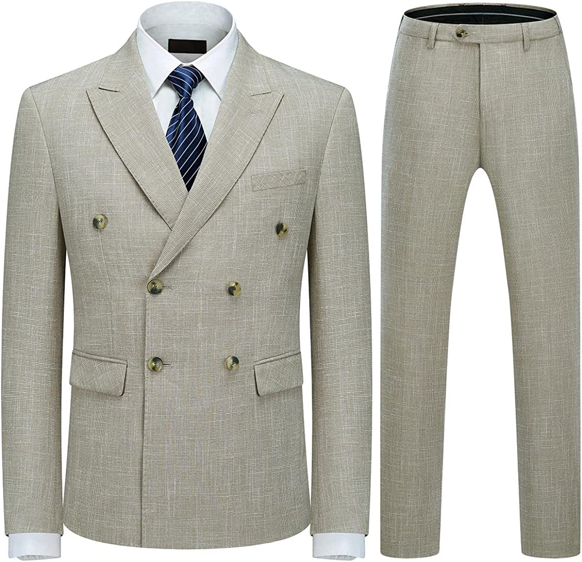 Natividad Fancy Light Khaki Double Breasted Plaid Men Suits For Business