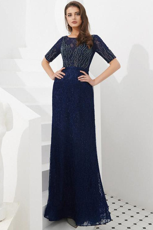 Navy Blue Beaded Long Prom Dress with Half Sleeves