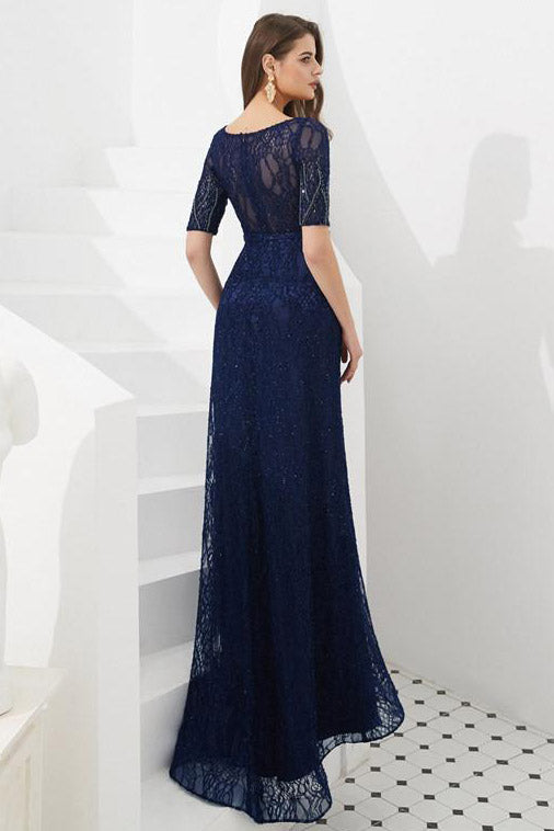 Navy Blue Beaded Long Prom Dress with Half Sleeves