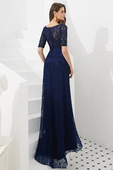Navy Blue Beaded Long Prom Dress with Half Sleeves