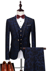 Navy Blue Groomsmen Outfits - High Quality Tuxedo with Jacquard Three Pieces