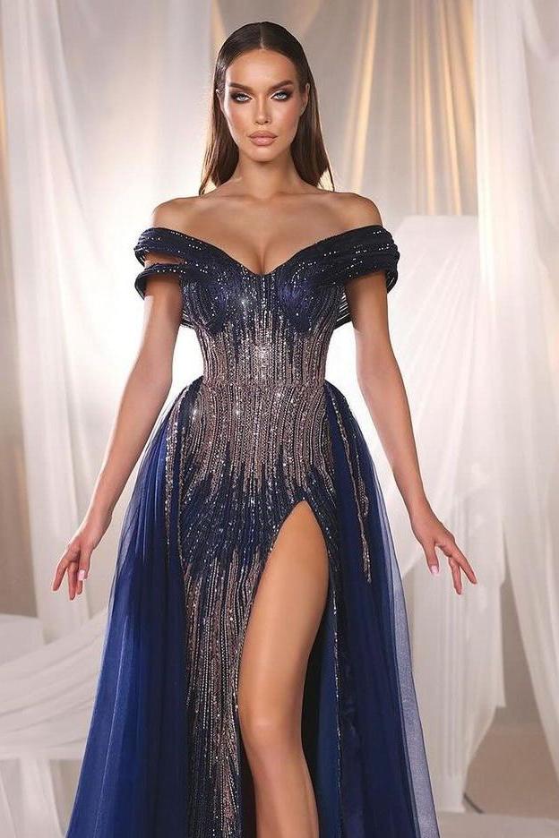 Navy Blue Off the Shoulder Strapless Long Prom Dress with Beading and High Split