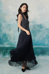Babyonlines Navy Blue Sleeveless V-neck Long A-line Dress