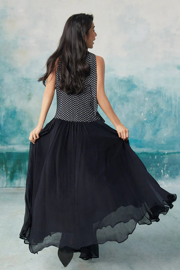 Babyonlines Navy Blue Sleeveless V-neck Long A-line Dress