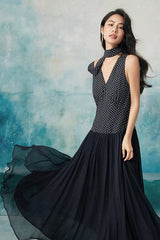 Babyonlines Navy Blue Sleeveless V-neck Long A-line Dress