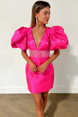 Neon Pink Plunging Neck Balloon Sleeves Bodycon Homecoming Dress